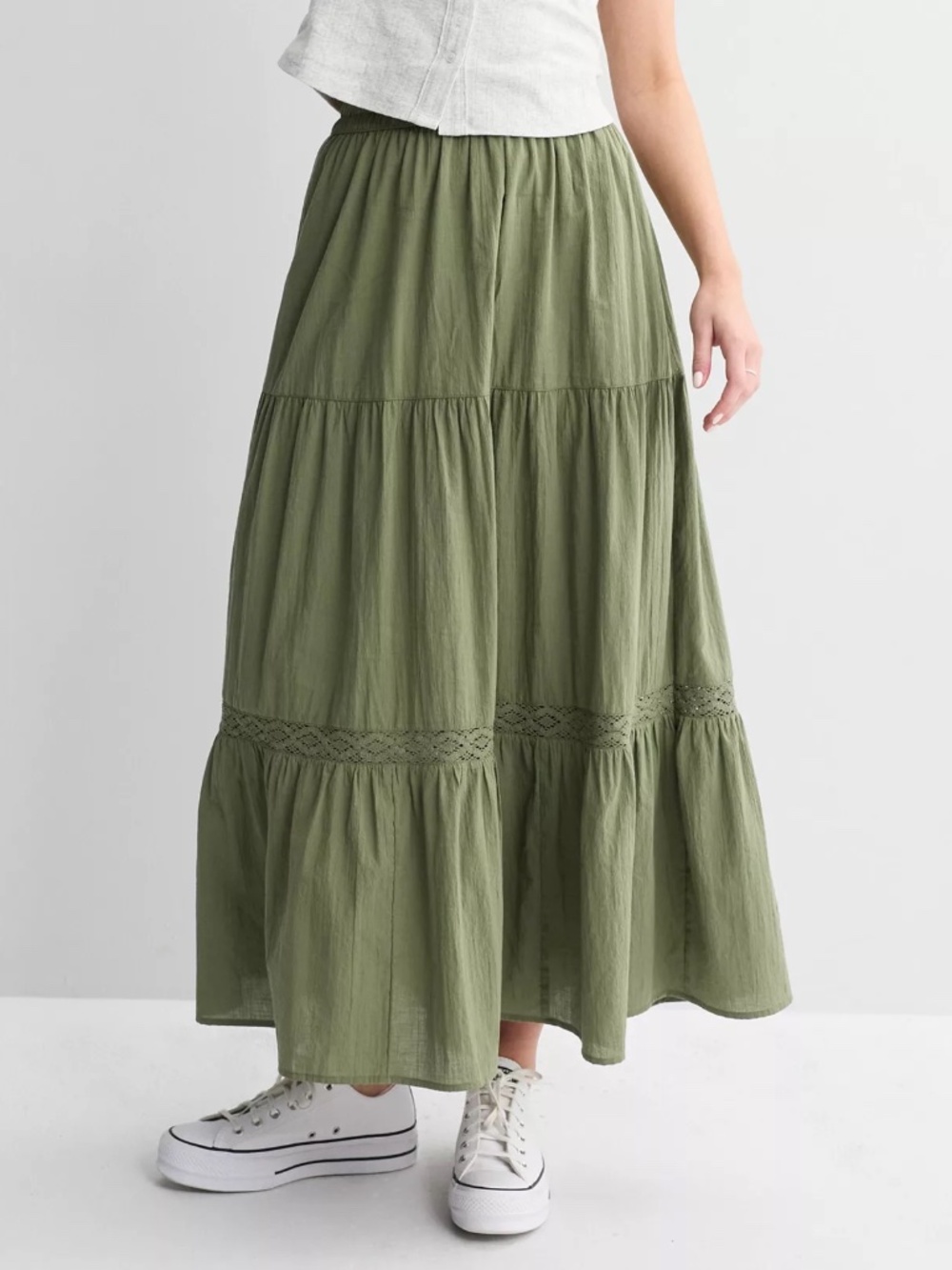 NWT SO Crochet Tiered Maxi Skirt, Small, Green